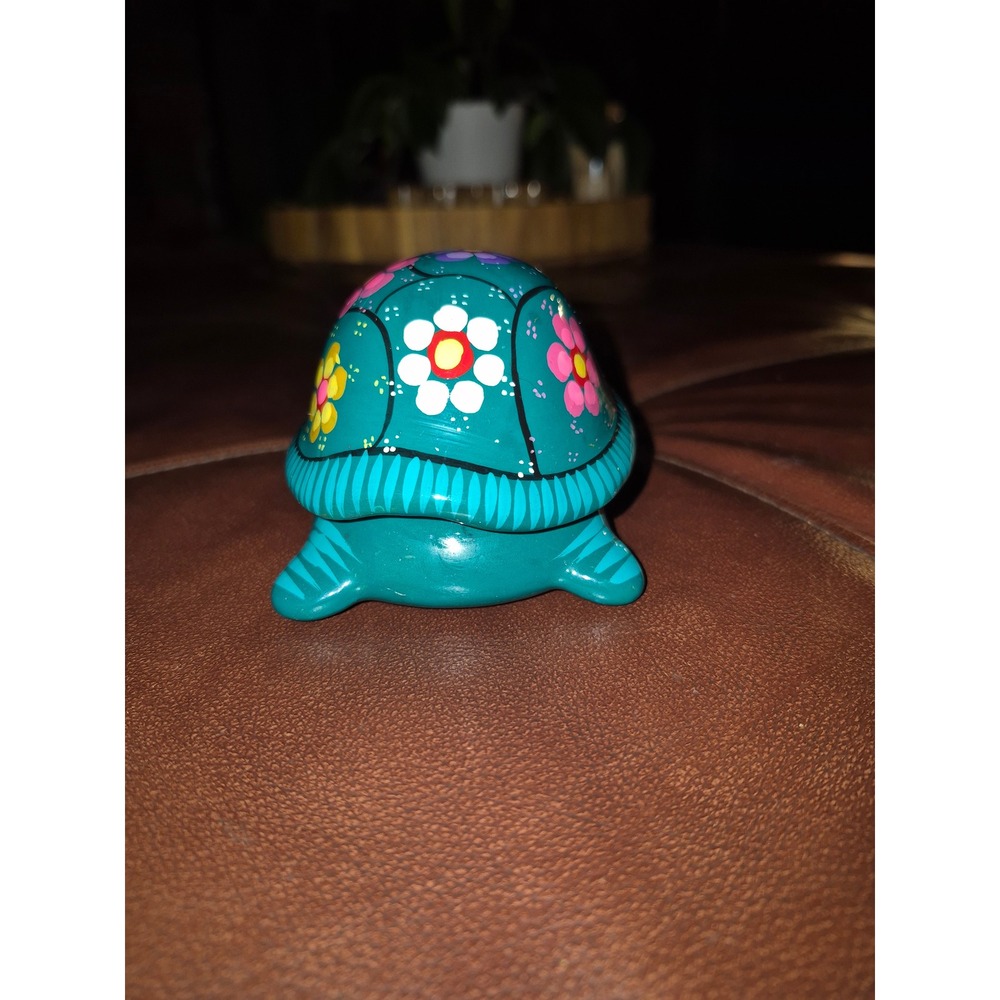 Hand Painted Turtle Trinket Box Mexican Folk Art Style Floral Terracotta gift - Picture 4 of 9